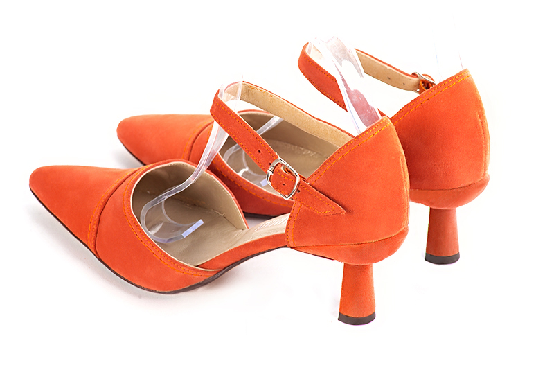 Clementine orange women's open side shoes, with an instep strap. Tapered toe. Medium spool heels. Rear view - Florence KOOIJMAN